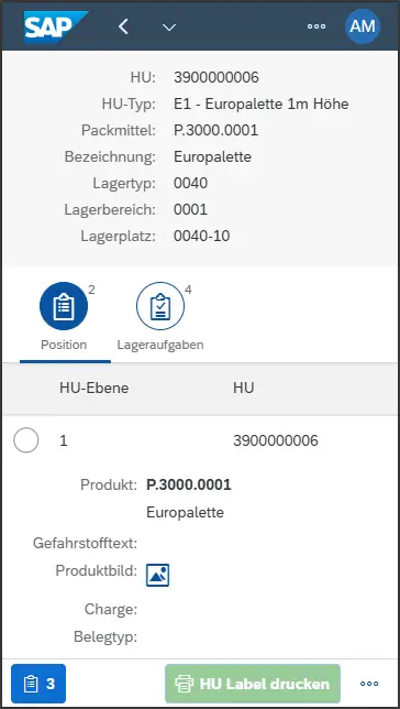 Detailansicht der HU mit Packmittel und Produktdaten