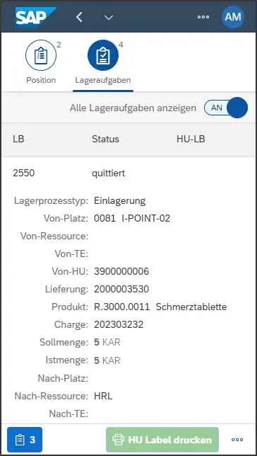Anzeige der Lageraufgaben zur HU