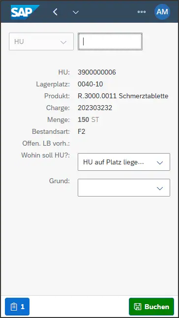 Anzeige der HU, die gesperrt werden soll