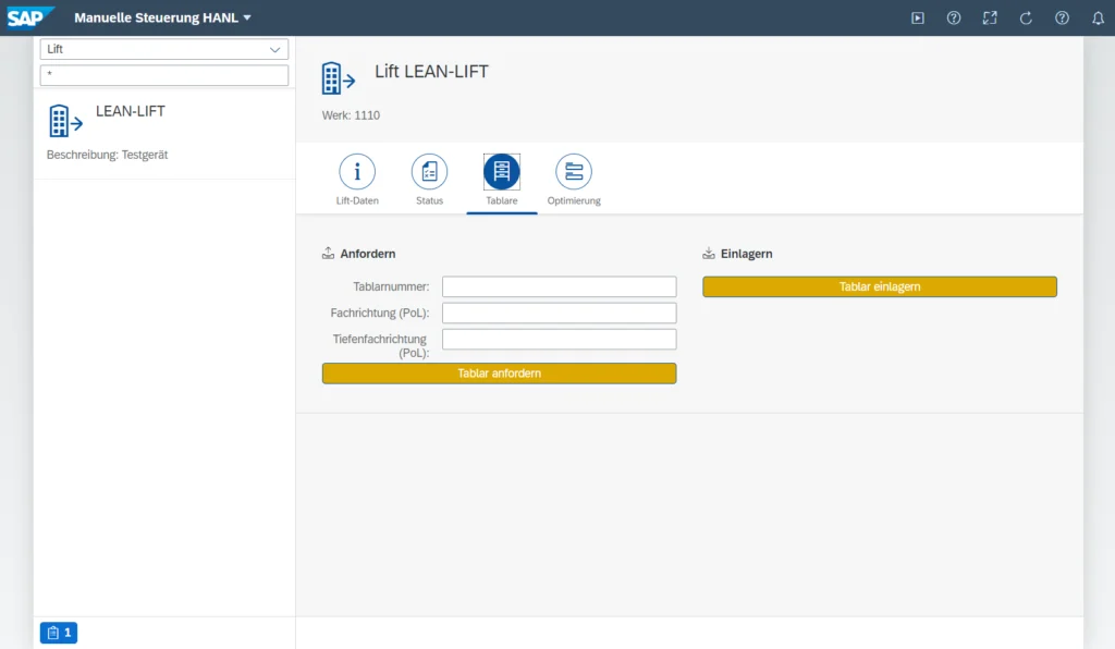 Hänel Lift: SAP Screenshot Tablare