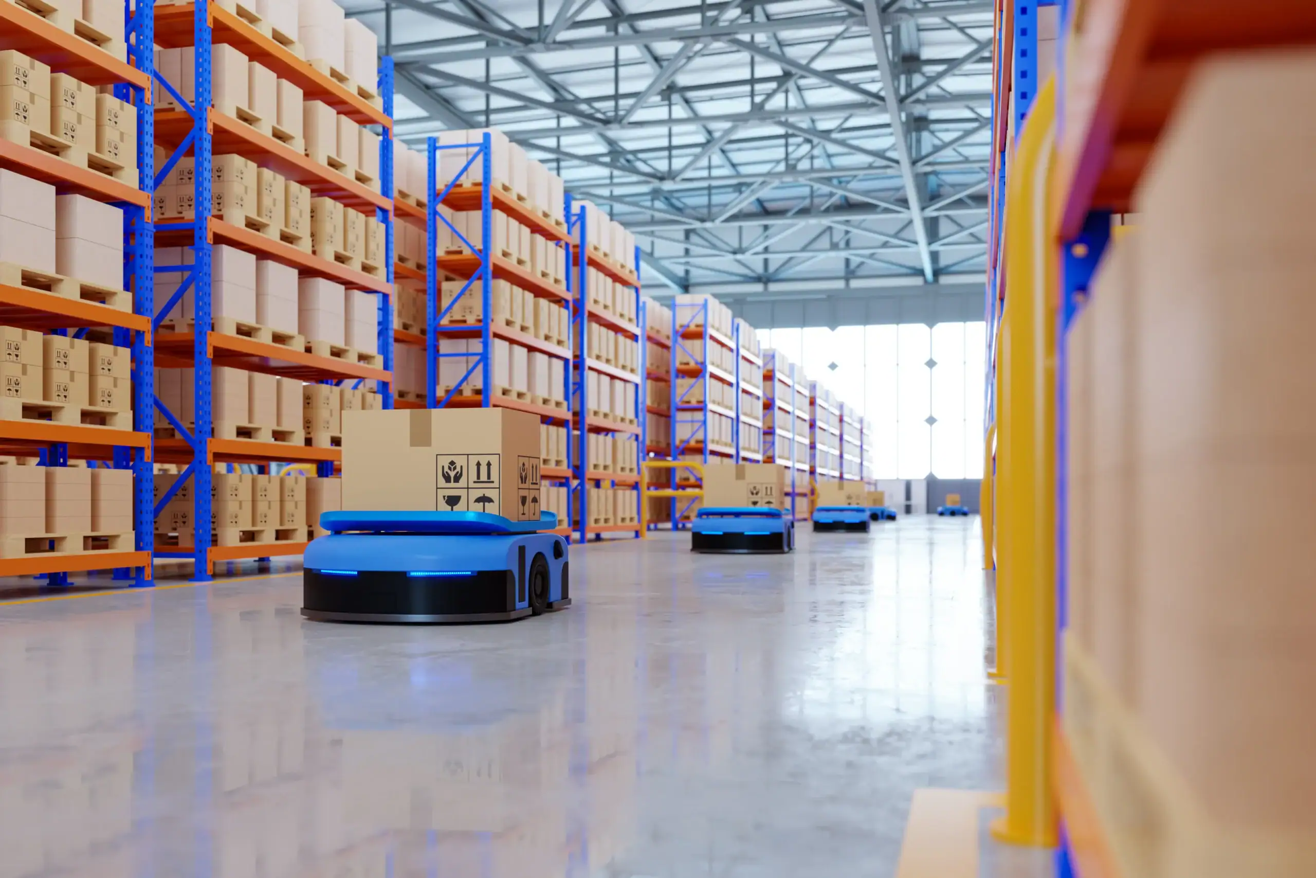 Mobile Roboter transportieren Pakete im Lager