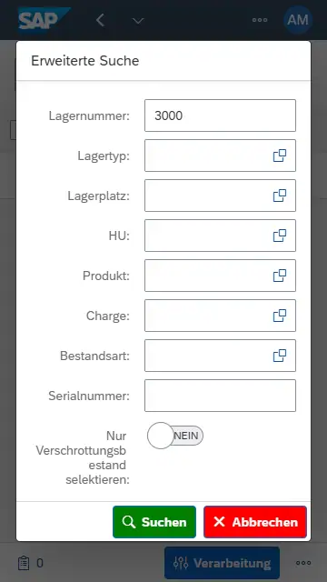 Screenshot Flexus App "Ungeplanten Warenausgang buchen" (erweiterte Suche)