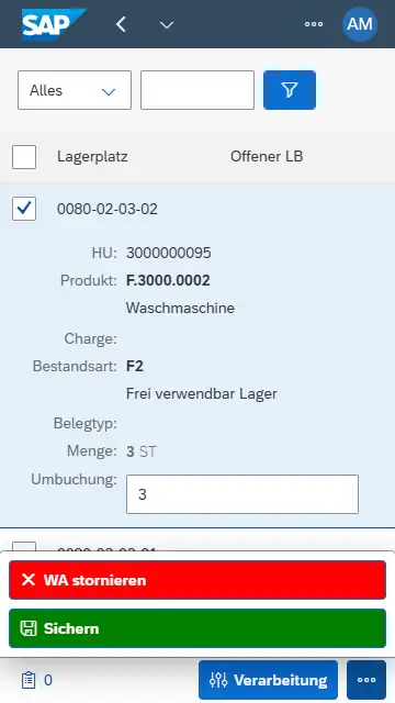 Screenshot Flexus App "Ungeplanten Warenausgang buchen" (speichern)