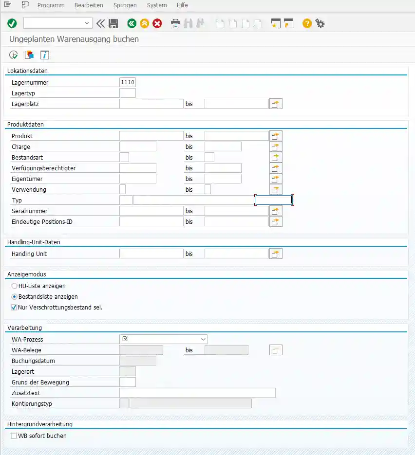 Screenshot SAP: ungeplanten Wareneingang buchen
