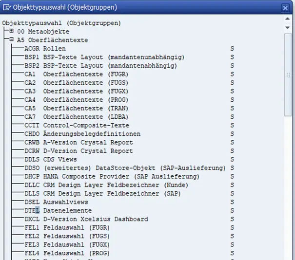 Übersetzung im SAP Standard: Objekttypauswahl
