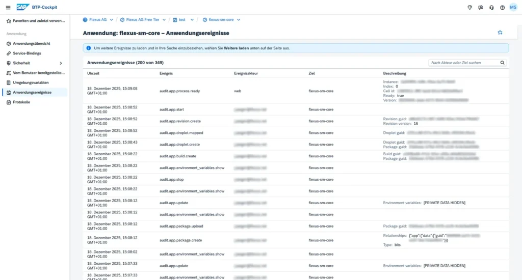 Screenshot der Ansicht Anwendungsereignisse (bzw. Anwendungs-Logs) im BTP-Cockpit mit einer Tabelle von Ereignissen wie audit.app.start, audit.app.stop und audit.app.update für die Anwendung flexus-sm-core