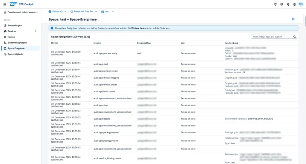 Screenshot der Ansicht der Space-Ereignisse (bzw. Space-Logs) im BTP-Cockpit mit einer Tabelle von Ereignissen wie audit.app.start, audit.app.stop und audit.app.crash