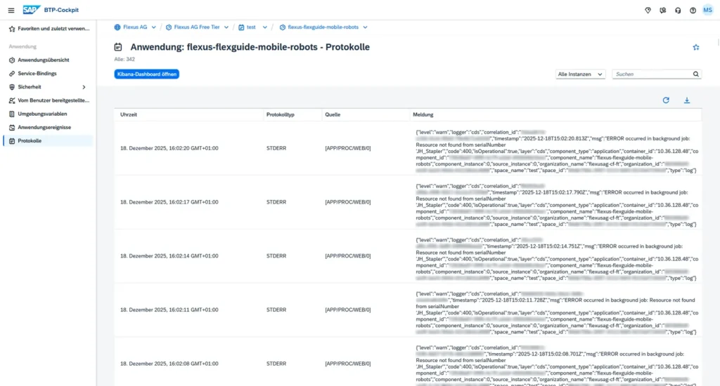Screenshot der Protokolle-Ansicht im BTP-Cockpit mit einer Tabelle von Log-Einträgen mit Spalten für Uhrzeit, Protokolltyp, Quelle und Meldung