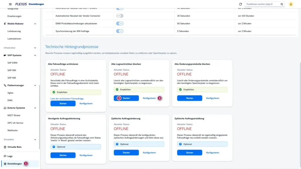 Screenshot der Einstellungen-Seite in FlexGuide4 mit verschiedenen technischen Hintergrundprozessen. Links ist eine Sidebar, ganz unten in ihr steht "Einstellungen". Der Eintrag "Einstellungen" ist mit einer (1) markiert. Mittig ist eine Kachel mit der Überschrift "Alte Lognachrichten löschen". Sie verfügt über zwei Knöpfe: Konfigurieren (mit einer 2 markiert) und Starten (mit einer 3 markiert)