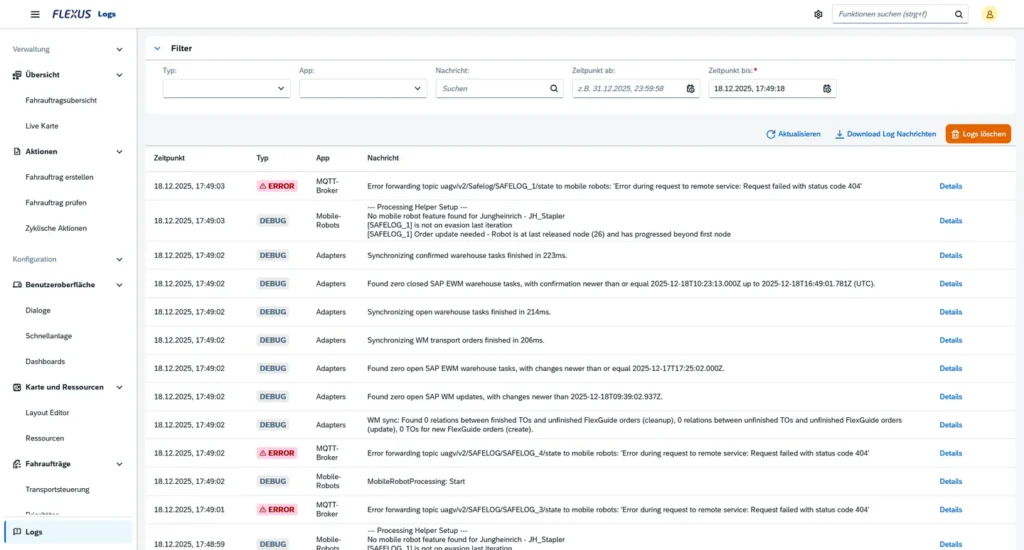 Screenshot der Logs-Ansicht in FlexGuide4 mit einer Tabelle von Log-Einträgen mit Spalten für Zeitpunkt, Typ, App und Nachricht sowie Filteroptionen. Oben rechts über der Tabelle ist ein Knopf mit der Aufschrift "Logs löschen"