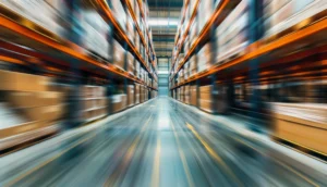 SAP EWM Lagersteuerung (abstrakte Darstellung durch verschwommenes Lager)