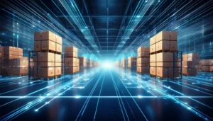 Futuristisches Lagerhaus mit vernetzten, blau leuchtenden digitalen Linien, die die Zukunft des Supply Chain Managements mit SAP LGM und intelligenten Netzwerkmodellen darstellen