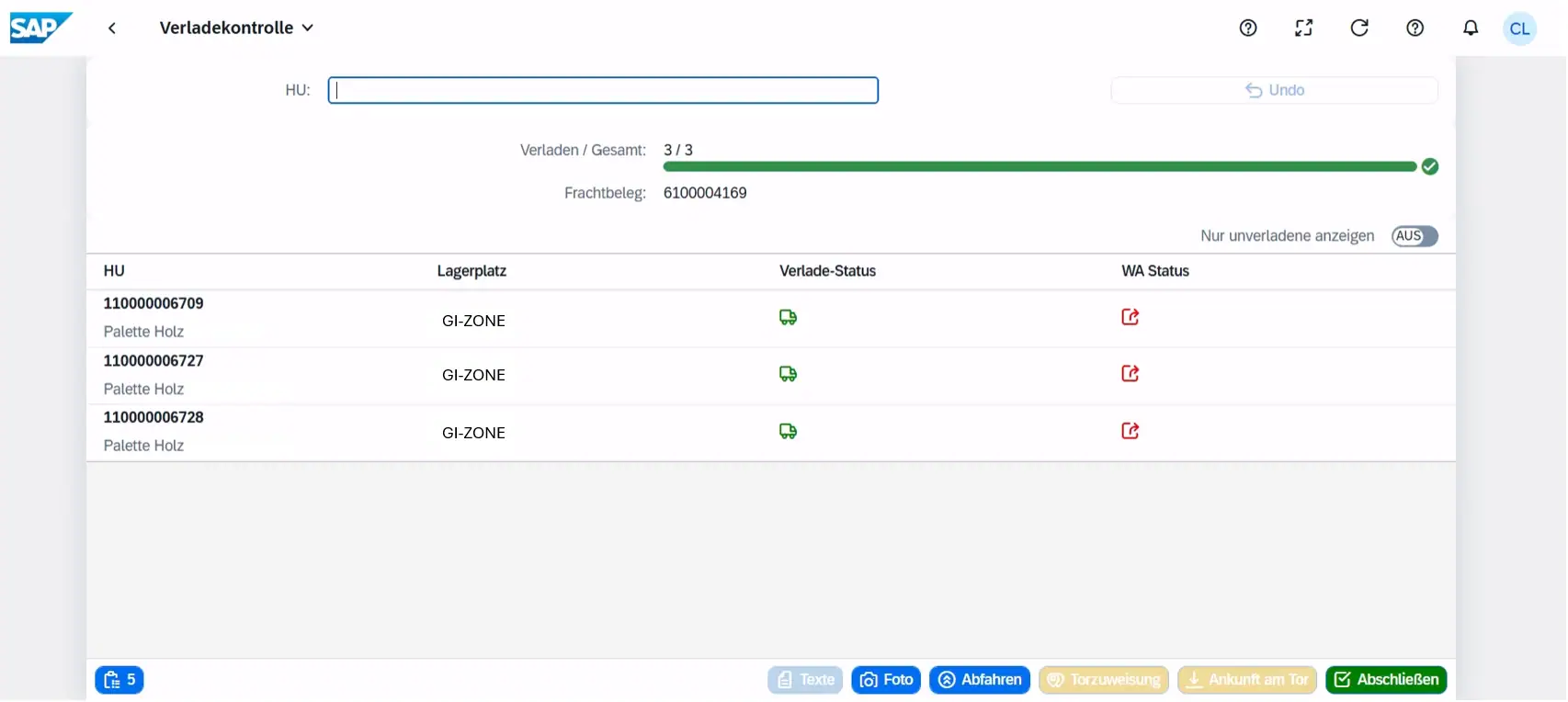 Screenshot App "Verladekontrolle" -Status