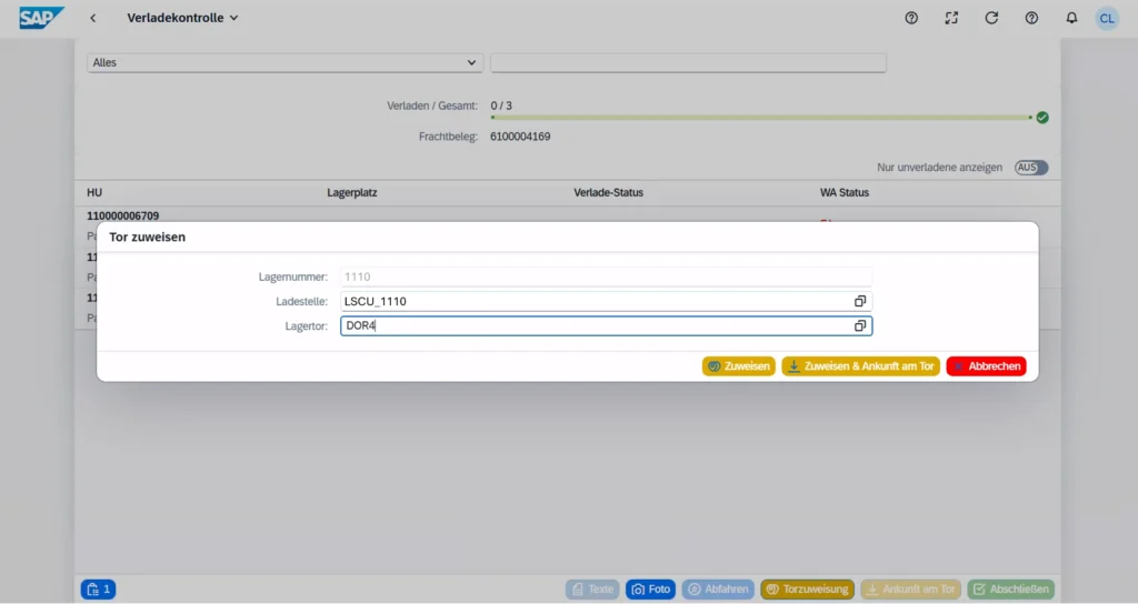 Screenshot App "Verladekontrolle" -Tor zuweisen